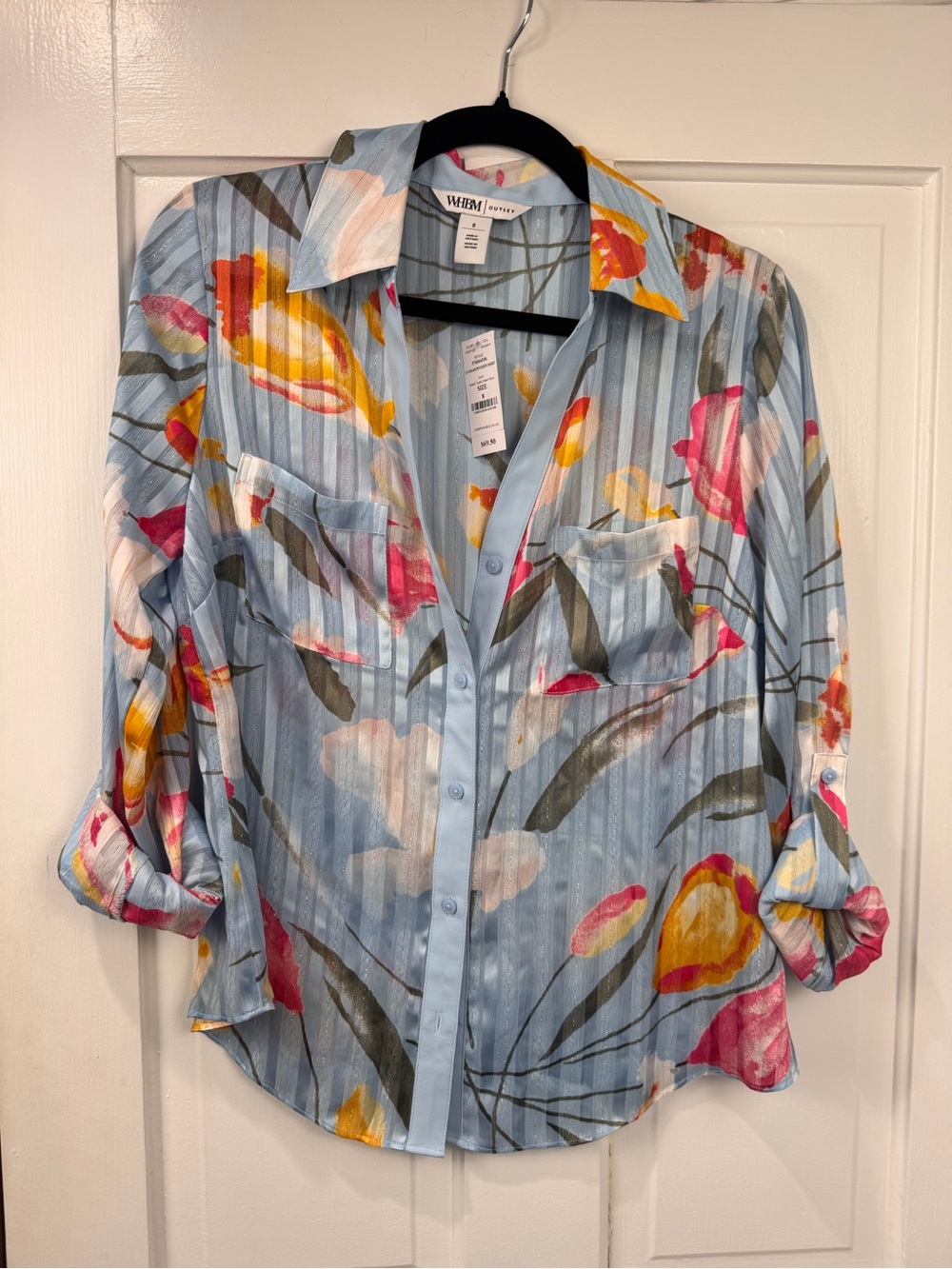 White House Black Market Light Blue Floral Shadow Stripe Shirt